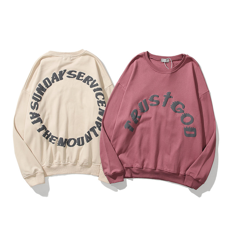 Round neck hoodies in beige and violet red showcasing letter patterns, perfect for winter casual wear.