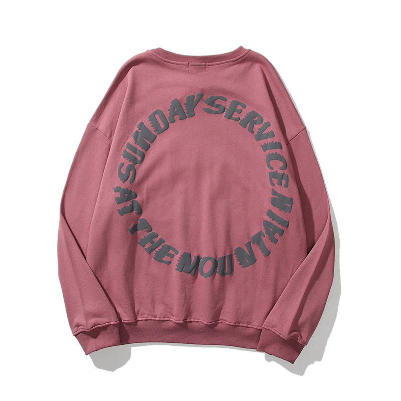 Round neck hoodies in mauve with circular text design, perfect for casual winter wear.