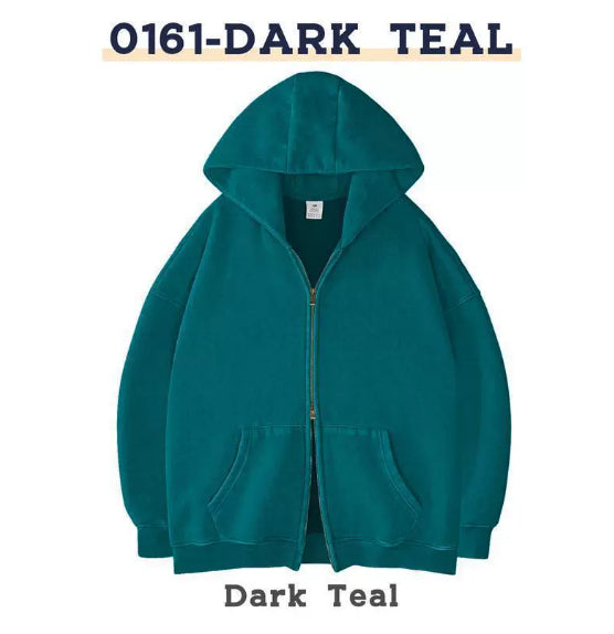 Casual zippered hoodie for men in dark teal color with front pockets and a hood.