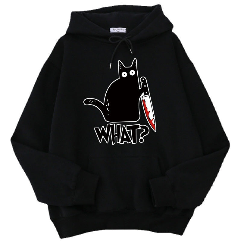 loose fit black cat pullover featuring a playful black cat graphic with a knife and text 'WHAT?'
