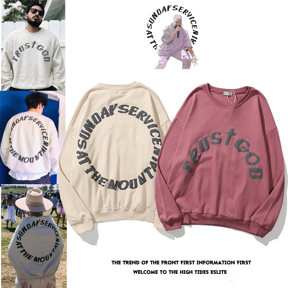 Round neck hoodies featuring 'TRUST GOD' and 'SUNDAY SERVICE AT THE MOUNTAIN' designs in beige and violet red.