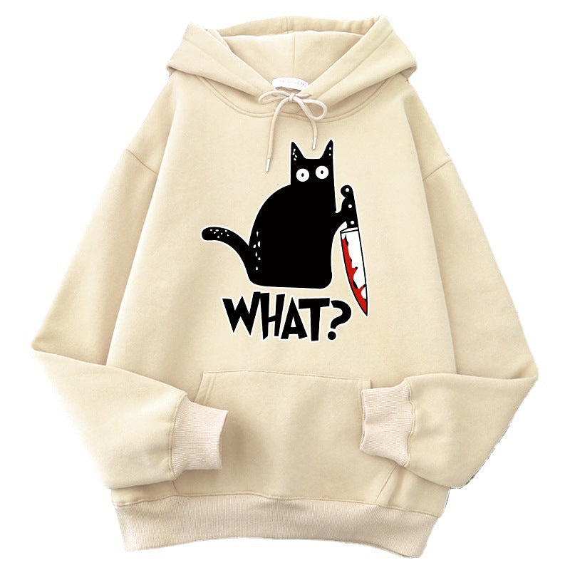 loose fit black cat pullover featuring a black cat graphic with a knife on a beige hoodie.