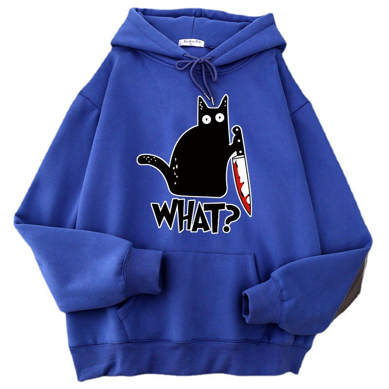 loose fit black cat pullover featuring a quirky black cat design on a blue background.